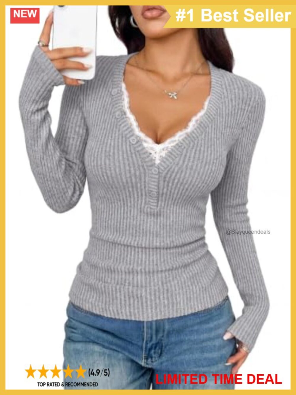 Lace Trim Ribbed Knit Henley Long Sleeve Top